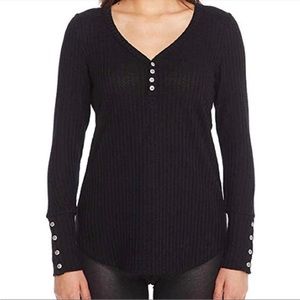 CHASER M Black Waffle Knit Henley Long Sleeve Shirt Stretch Athleisure Lounge